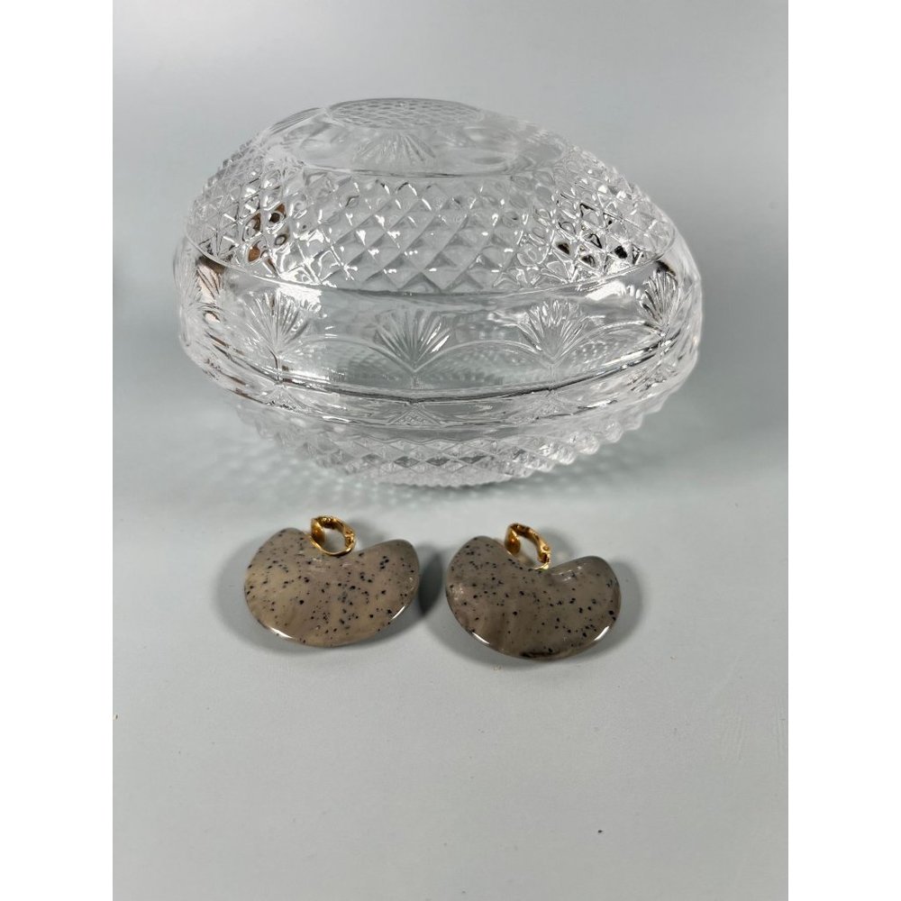 Vintage Avon Fostoria Crystal Egg and Pair of Avon Clip On Neutral Hues Earrings